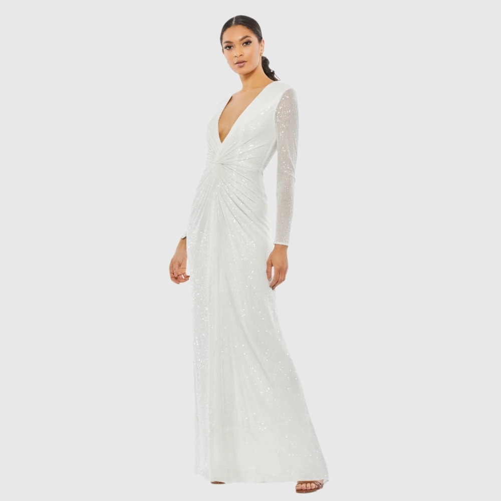 New $398 MAC DUGGAL V Neck Long Sleeve Embellished Gown DRESS MAXI LONG 26552